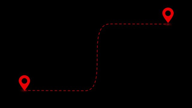 Animated red map pointer route path with destination markers on black background, for travel and, logistics concepts