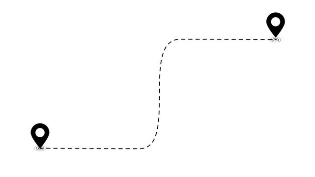 Animated map route path with location pins, travel destination connection line, gps navigation concept on white background