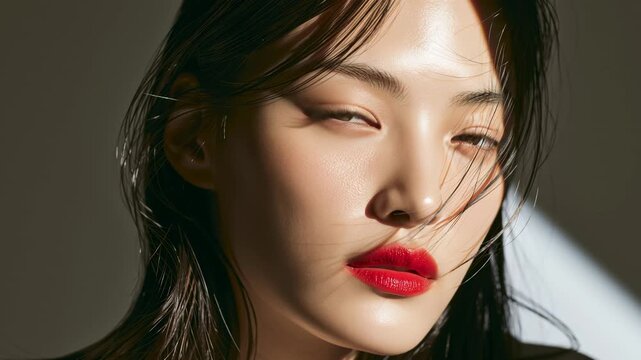 Beauty portrait of a young Asian woman vibrant red lipstick and dramatic sunlight shadows across her face. It is commercial advertising, editorial content, and beauty product promotions.