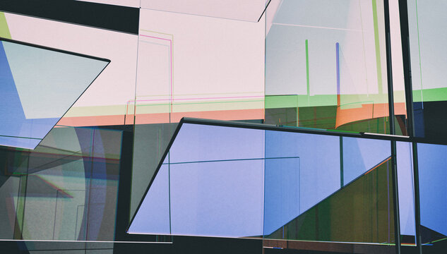 Abstract retro futuristic architecture background with pastel glass reflections and grunge noise. 3D render. 3D illustration.
