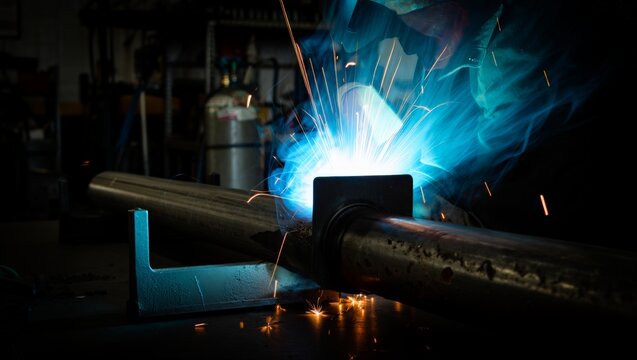 Welder attaching a steel bracket to a round pipe with a brilliant blue arc flash and orange sparks flying. Dark workshop with gas cylinder and tools visible in the blurred background.