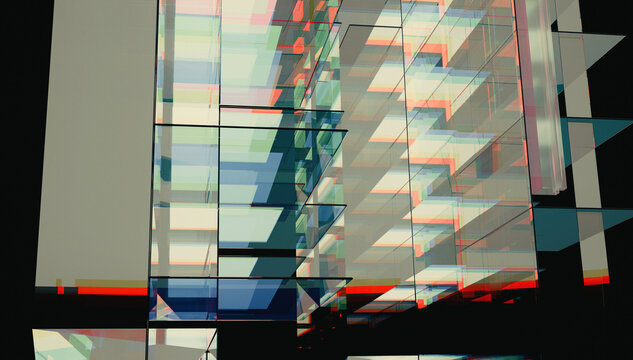 Abstract futuristic architecture background with colorful glass reflections and subtle noise. 3D render.