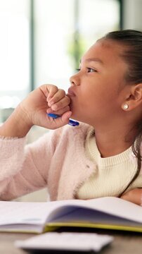 Study, thinking and kid with writing homework for math assessment, equation solution or growth. Insight, child or numeracy assignment in house for problem solving, quiz answer or academic development