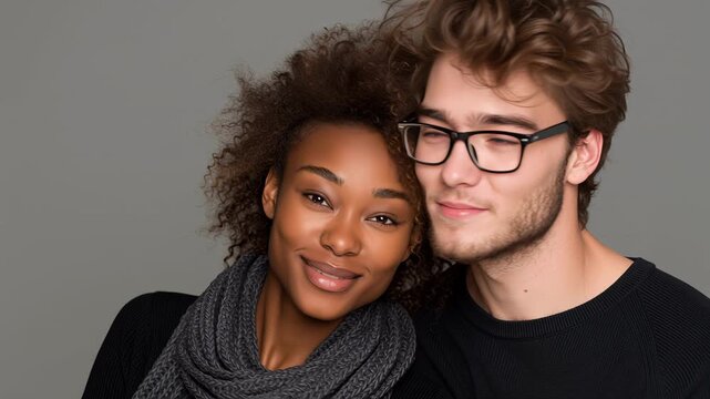 A diverse young couple is captured in a studio portrait, embodying multiethnic friendship and relationship concepts. The happy man and woman are smiling directly at the camera, showcasing their genuin