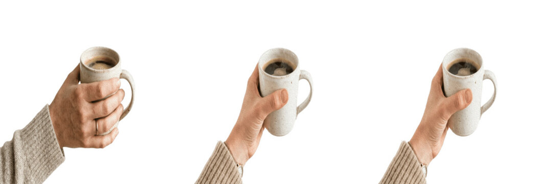 Set of Three Realistic Human Hands Holding Hot Coffee Cups or Mugs Isolated on White Background for Lifestyle and Beverage Design Projects