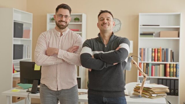 Two men standing with crossed arms and smiles beside a desk, lamp, computer and stacked files in an office building with bookshelf and clock visible; confidence teamwork.