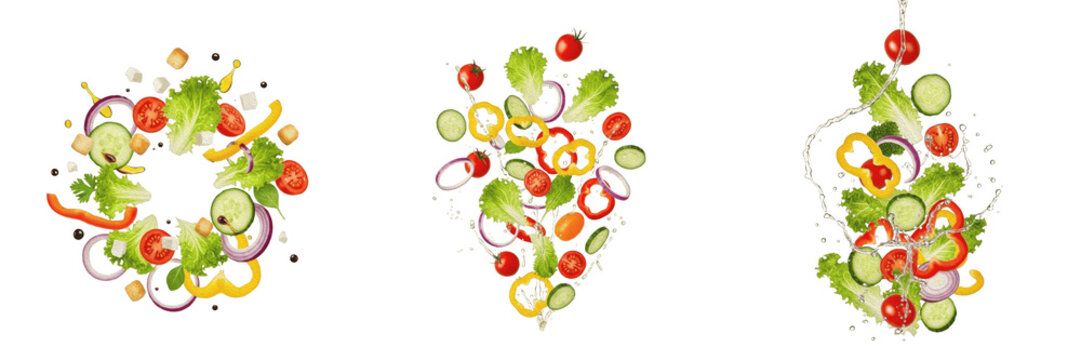 Set of Three Realistic Flying Fresh Vegetable Salad Ingredients Mix with Lettuce Tomatoes Cucumbers and Peppers Isolated on White Background for Culinary Projects