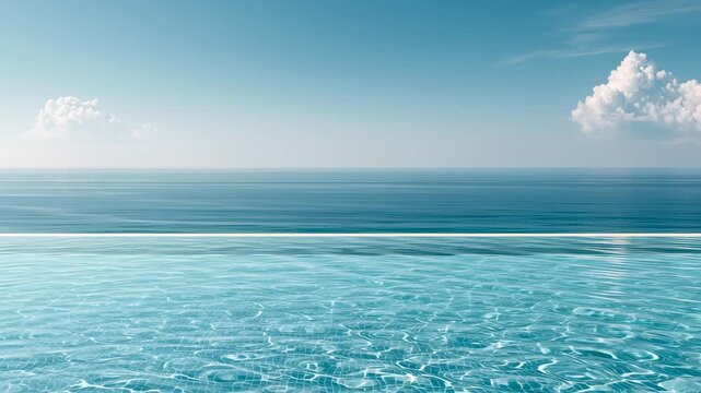 Luxury travel and relaxation are depicted through an infinity pool seamlessly blending into the vast blue ocean under a clear sky with fluffy clouds. This serene scene evokes feelings of tranquility a