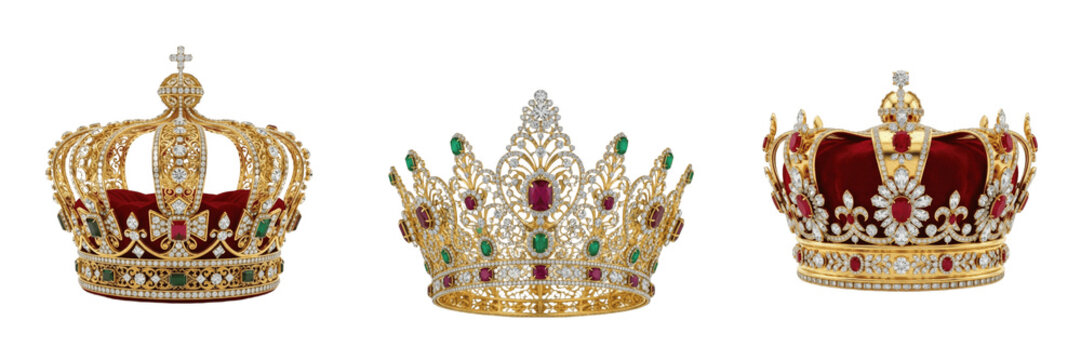 Set of Three Realistic Luxury Golden Royal Crowns Decorated with Precious Gemstones Isolated on White Background for Royalty and Jewelry Design Projects