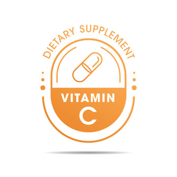 Vitamin C (Ascorbic Acid) Dietary Supplement Label Template Design, with Medicine Capsules for Healthy Lifestyle.