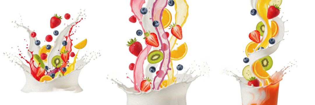 Fruit Milk Splash PNG Pack. Fresh Strawberry, Kiwi, Orange, and Blueberry Splashing in Yogurt and Juice Flow Isolated on Transparent Background. Dynamic Smoothie Clipart Elements for Milkshake and Bev