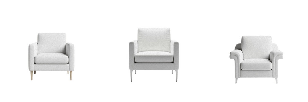 Modern White Armchair Set PNG. Three Distinct Styles of Contemporary Living Room Lounge Chairs Isolated on Transparent Background. Luxury Fabric Accent Seating Pack for Architectural Rendering and Int