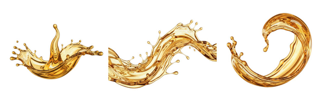 Golden Liquid Splash PNG Set with Flying Droplets, Realistic Honey, Cooking Oil, Beer, or Juice Wave Clipart for Beverage Advertising, Food Packaging, and Cosmetic Product Design Elements Isolated on 