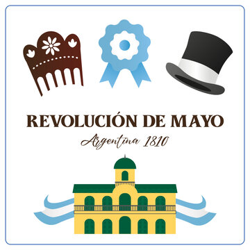 Revoluci&oacute;n de Mayo Argentina, cabildo abierto, escarapela, paloma, galera y peineta. Plantilla de iconos vectoriales color