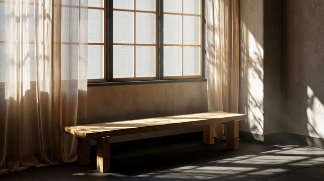 Focused view of diffused daylight filtering through translucent curtains casting intricate shadow patterns on a textured plaster surface highlighting a solitary bench in a calm