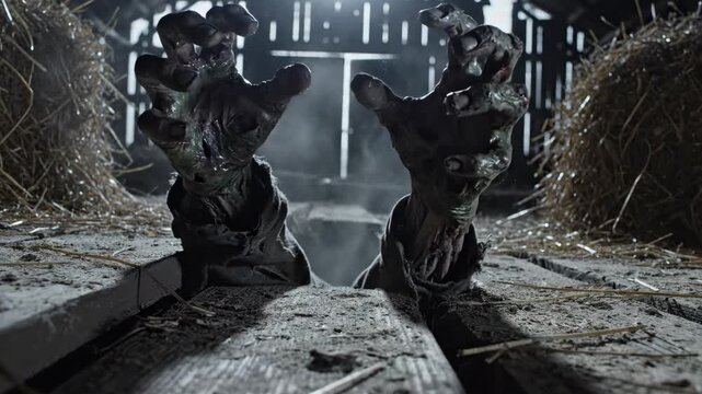 Zombie hands emerging from a trapdoor in a dimly lit barn, horror scene.