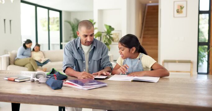 Homework, high five and dad with child with math lesson for studying, learning and help with activity. Family, home and father with happy girl for correct answer, calculator and book for education