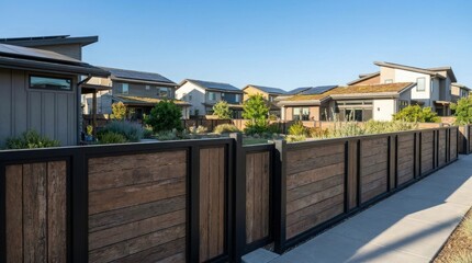 Fototapeta premium Modern residential houses with solar panels and green roofs in eco-friendly housing community. Sustainable suburban architecture with wooden fence and sidewalk. Energy efficient home.