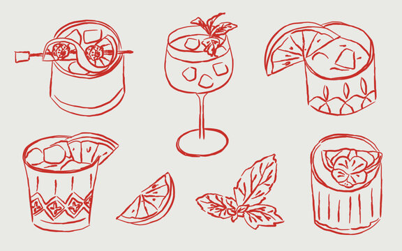 Hand drawn cocktail collection vector set with red sketch line art style of refreshing alcoholic wine drinks glass margarita gin tonic and mojito for bar restaurant menu design isolated on background
