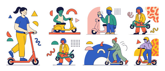 Fototapeta premium People riding electric scooters urban mobility set, flat vector illustration of diverse commuters using e-scooters for eco-friendly city transportation, modern minimal graphic design with geometric sh