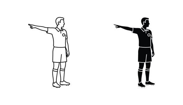 Soccer referee in uniform pointing with hand in both linear and solid black icon styles for sports officiating and match management graphic design assets
