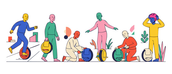 People riding electric unicycles, group activity with self-balancing scooters, urban personal transport illustration in modern flat minimalist style, commuters preparing for city travel lifestyle. © Dinali