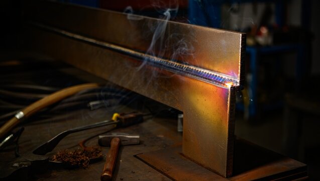 Freshly laid weld bead along a T-joint steel plate glows with iridescent blue-orange heat colors. Thin smoke rises from the active end while chipping hammer and tools rest on the dark workbench.