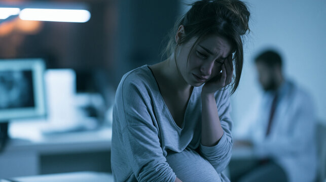 Devastated pregnant woman crying in a doctor's office after receiving bad medical news. Miscarriage, pregnancy complications or prenatal depression concept
