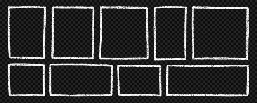 Chalk Frames and text boxes doodle set. Rectangle and square shapes, grunge crayon borders in sketch style. Hand drawn vector illustration isolated on black background