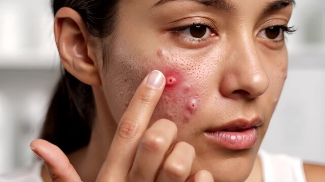 Closeup of a young womans face with severe acne and pimples.