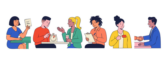 Fototapeta premium Business People Working Together Vector Flat Illustration Set, Diverse Professional Characters Collaborating in Office Environment for Corporate Presentation, Project Management, and Teamwork Concept