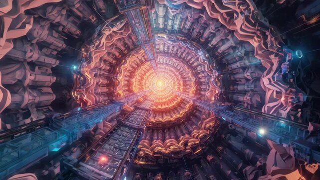 Vortex tunnel glowing core spiral architecture with ornate circular atrium and futuristic stairways