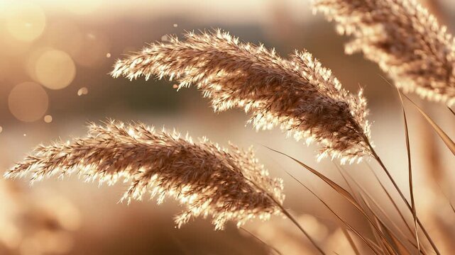 Golden hour nature serenity is captured with pampas grass swaying gently in the breeze, illuminated by a warm sun flare and soft bokeh. This peaceful outdoor scene evokes feelings of calm and relaxati