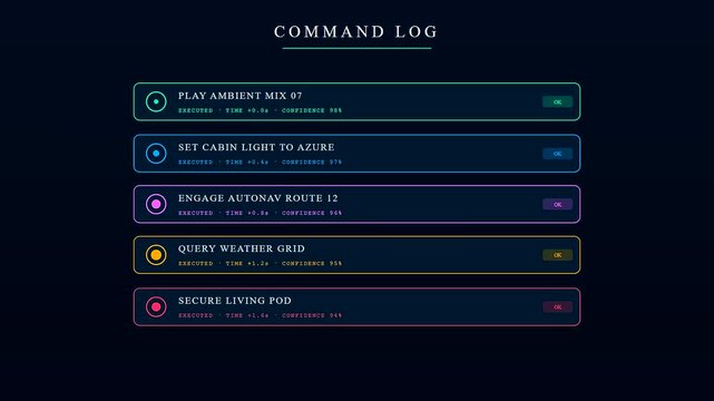 A futuristic glowing voice command interface displays a scrolling list of executed tasks like lighting and navigation inside a dark holographic cockpit display panel.