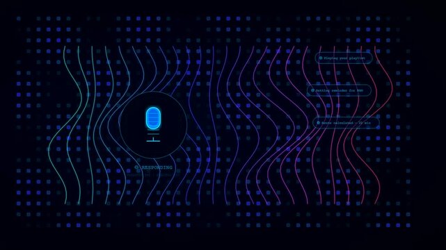 Modern digital systems display an active voice command interface while pulsating waves and data notifications float across a futuristic dark grid of glowing nodes.