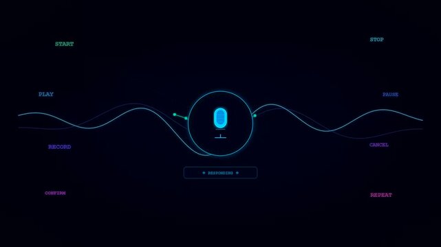 This futuristic voice command interface features glowing blue audio waves and interactive text buttons that react dynamically while processing a user request in a dark digital space.