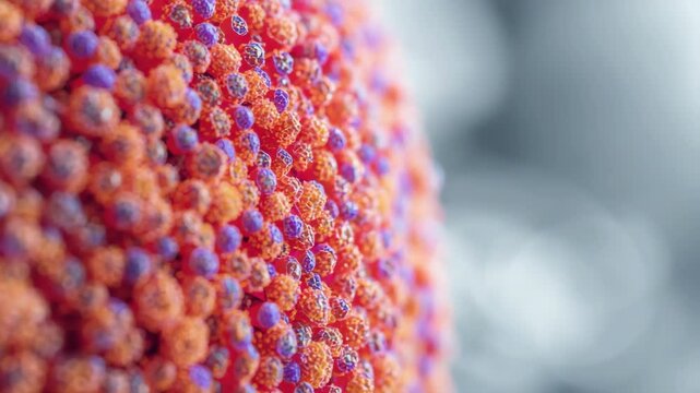 Colorful microscopic virus particle capsid texture close up with soft bokeh and vivid spherical
