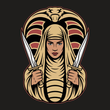 Woman dressed as Cleopatra with swords.