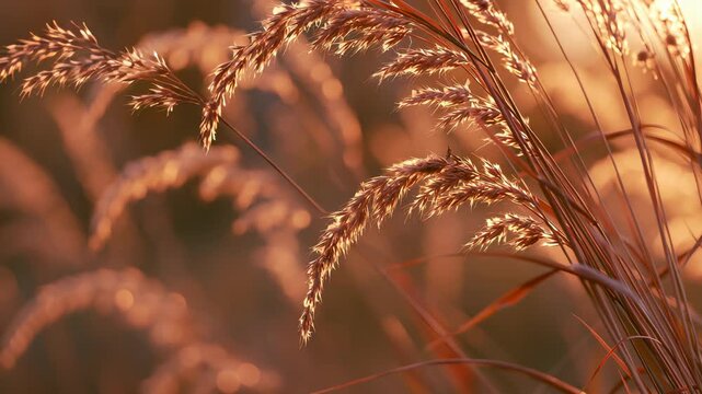 Golden hour nature serenity with warm sunlight illuminating wild grasses swaying gently in the breeze. This peaceful outdoor scene captures the tranquil beauty of a field at either sunrise or sunset, 