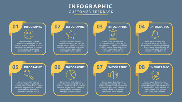 Customer feedback infographic template with 8 steps for client satisfaction surveys and service reviews.