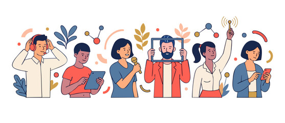 Fototapeta premium People using digital devices illustration for communication, remote work, social media, and technology networking concept in flat vector style for business presentation and web design banner backgroun