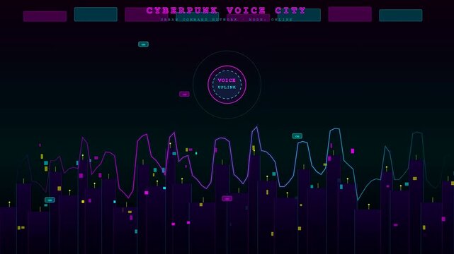 Dynamic neon graphics show a voice command interface with pulsing audio frequencies and digital bar charts representing a sprawling futuristic metropolis during active network communication.