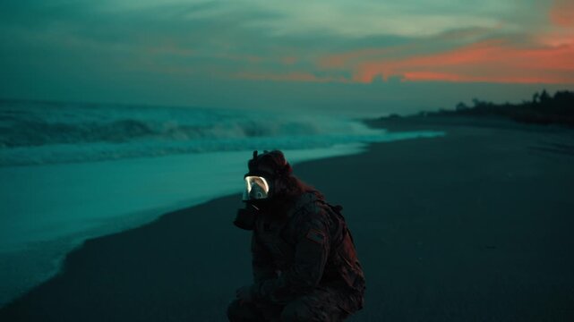 American Soldier Wearing a Gas Mask Near a Contaminated Ocean