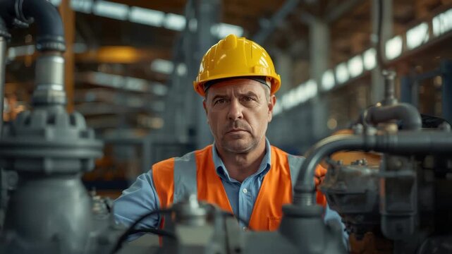 Construction worker hard hat safety vest engineer inspecting industrial machinery with focused