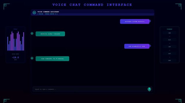 A futuristic digital Voice Command Interface displays interactive chat bubbles and animated audio frequency waves while executing system protocols and diagnostic scans on a dark screen.