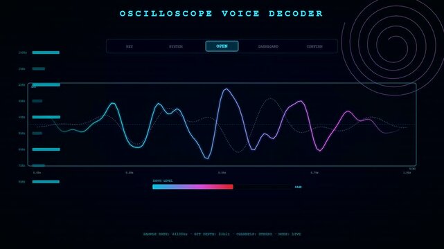 A futuristic voice command interface displays dynamic audio waveforms while cycling through system commands and data visualizations on a dark digital screen for sophisticated software analysis.