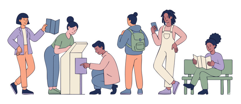 Tourists traveling group characters set using map and smartphone for navigation at airport or train station, exploring city guide, flat vector illustration of diverse people planning trip or vacation