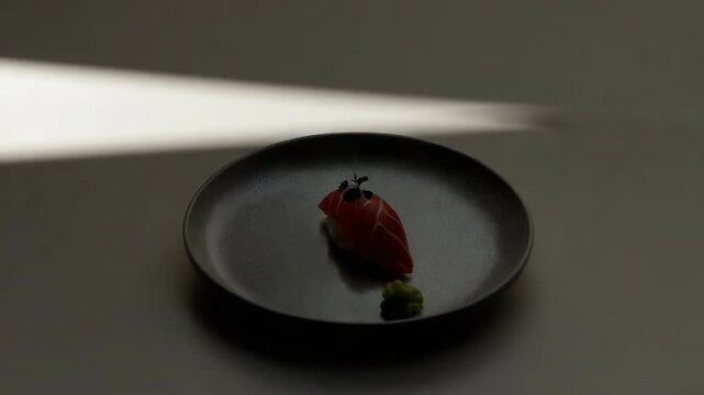 Salmon nigiri sushi ceramic plate with wasabi microgreen rice and pickled grape garnish soft