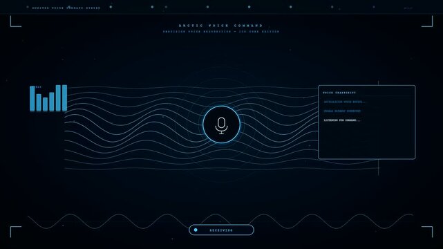 A sleek blue futuristic voice command interface displaying undulating sound waves and digital audio levels as it processes speech on a dark high tech background.