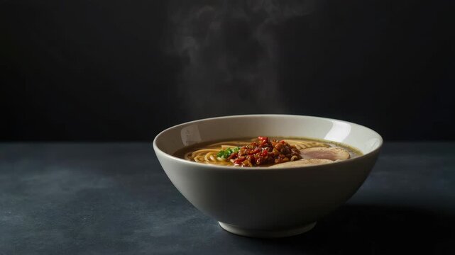 Steaming bowl of ramen noodle broth soup with sliced meat chili garnish warm savory